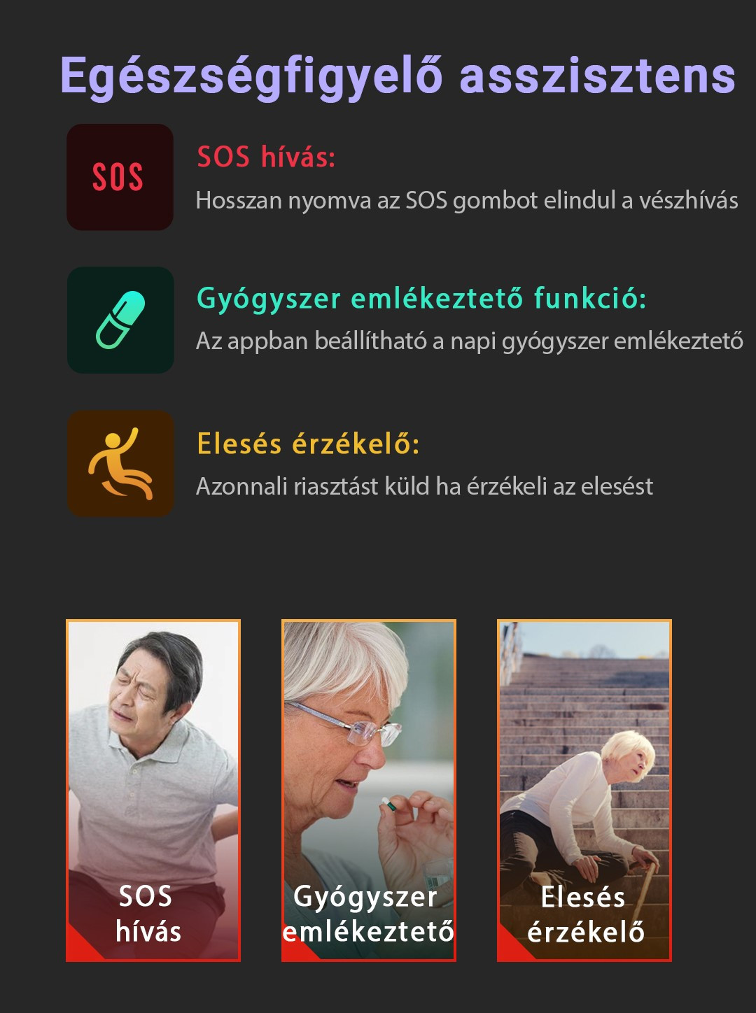 Egészségfigyelő funkciók – SOS, gyógyszer, elesés
